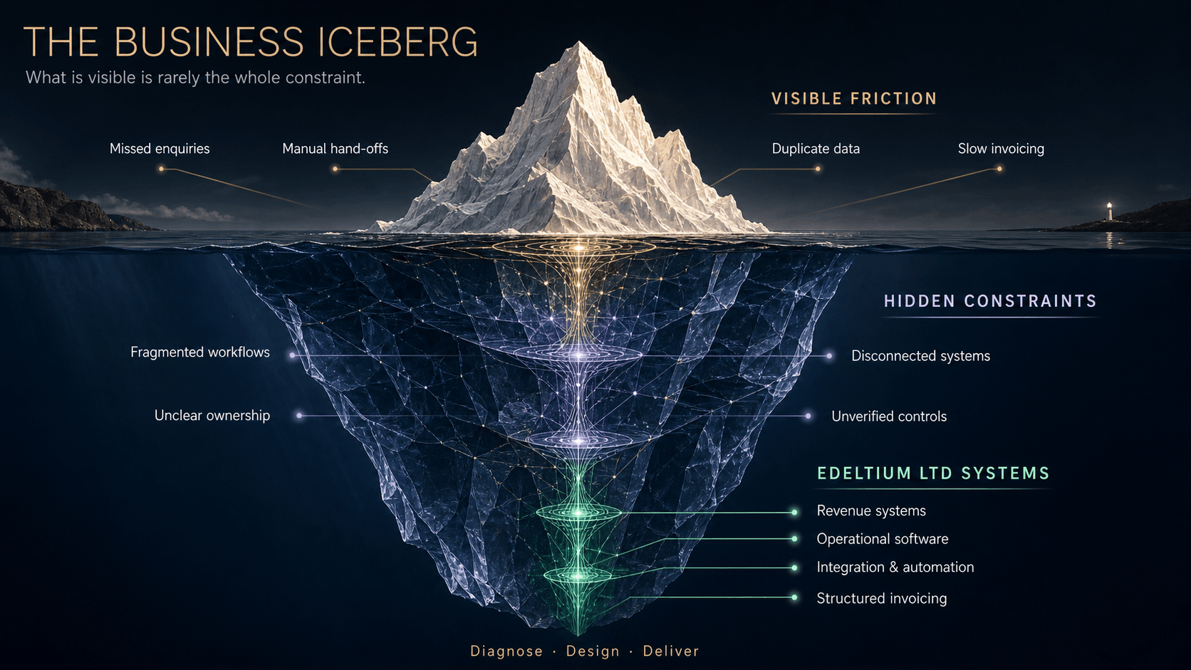 Business iceberg showing visible friction, hidden operational constraints and the revenue, operational, integration and invoicing systems delivered by Edeltium Ltd.