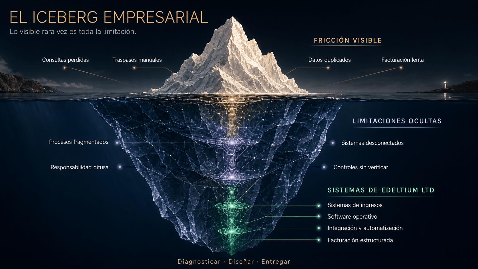 Iceberg empresarial que muestra la fricción visible, las limitaciones operativas ocultas y los sistemas de ingresos, operación, integración y facturación de Edeltium Ltd.