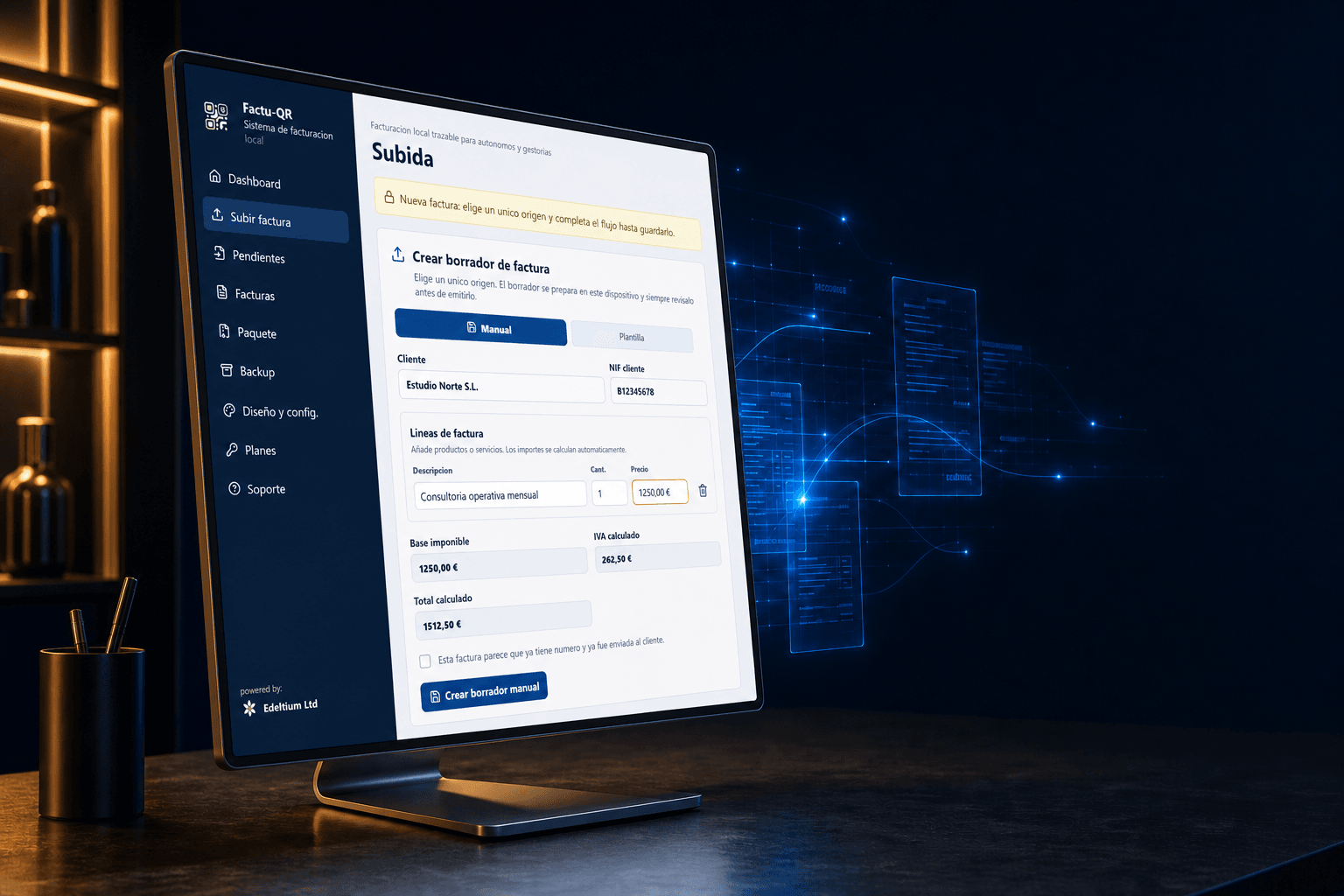 Factu-QR desktop invoice workflow with its authentic left navigation, presented on a sculptural display with blue data layers and a warm amber edge
