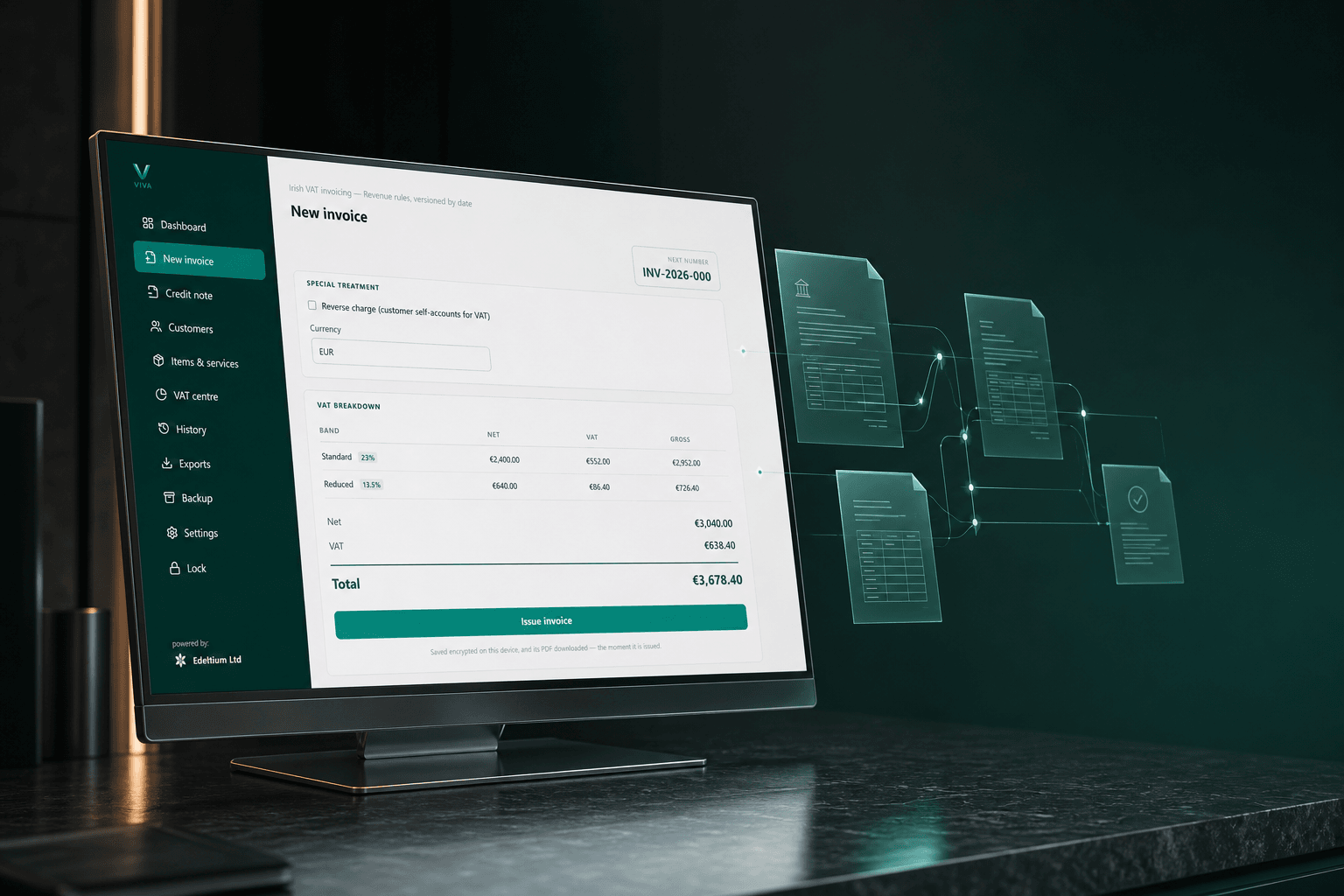 VIVA desktop VAT review with its emerald left navigation, presented with translucent structured-document layers
